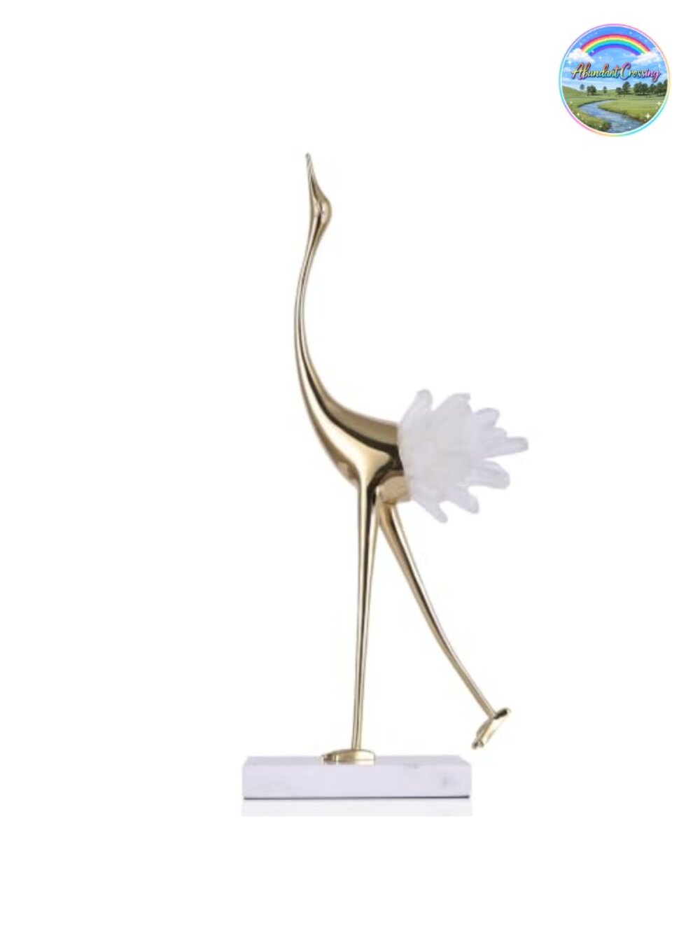 Brass Crane Bird Statues with Crystal Tail Accents Decorative Figurines